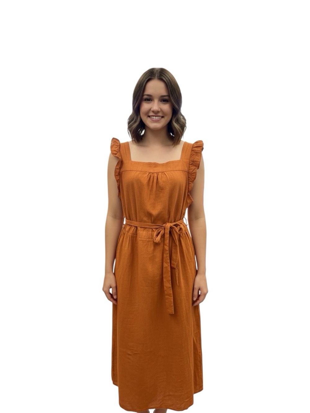Universal Thread Rust Midi Dress with Ruffle Straps and Waist Tie Size Xl